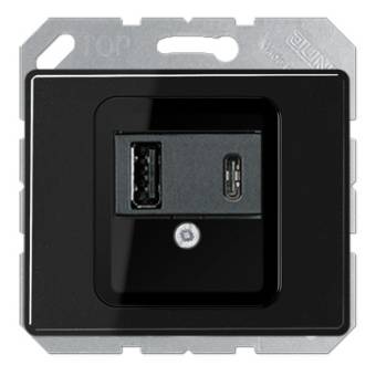 USB розетка для зарядки мобильных устройств тип А и USB тип С макс.3000 мА, черный