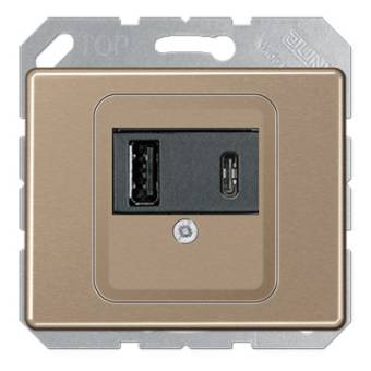 USB розетка для зарядки мобильных устройств тип А и USB тип С макс.3000 мА, Золотая Бронза (металл)